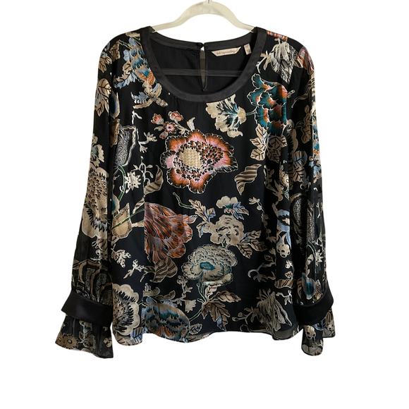 Soft Surroundings Deanna Floral Satin Trim Textured Blouse - Large - Picture 1 of 7